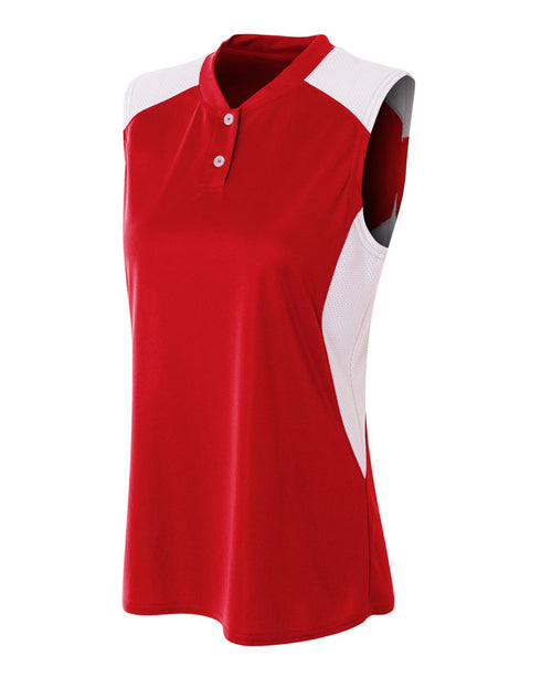 A4 Womens Sleeveless Henley w/ Stretch Mesh Contrast (NW3318), Color 'Scarlet/White'